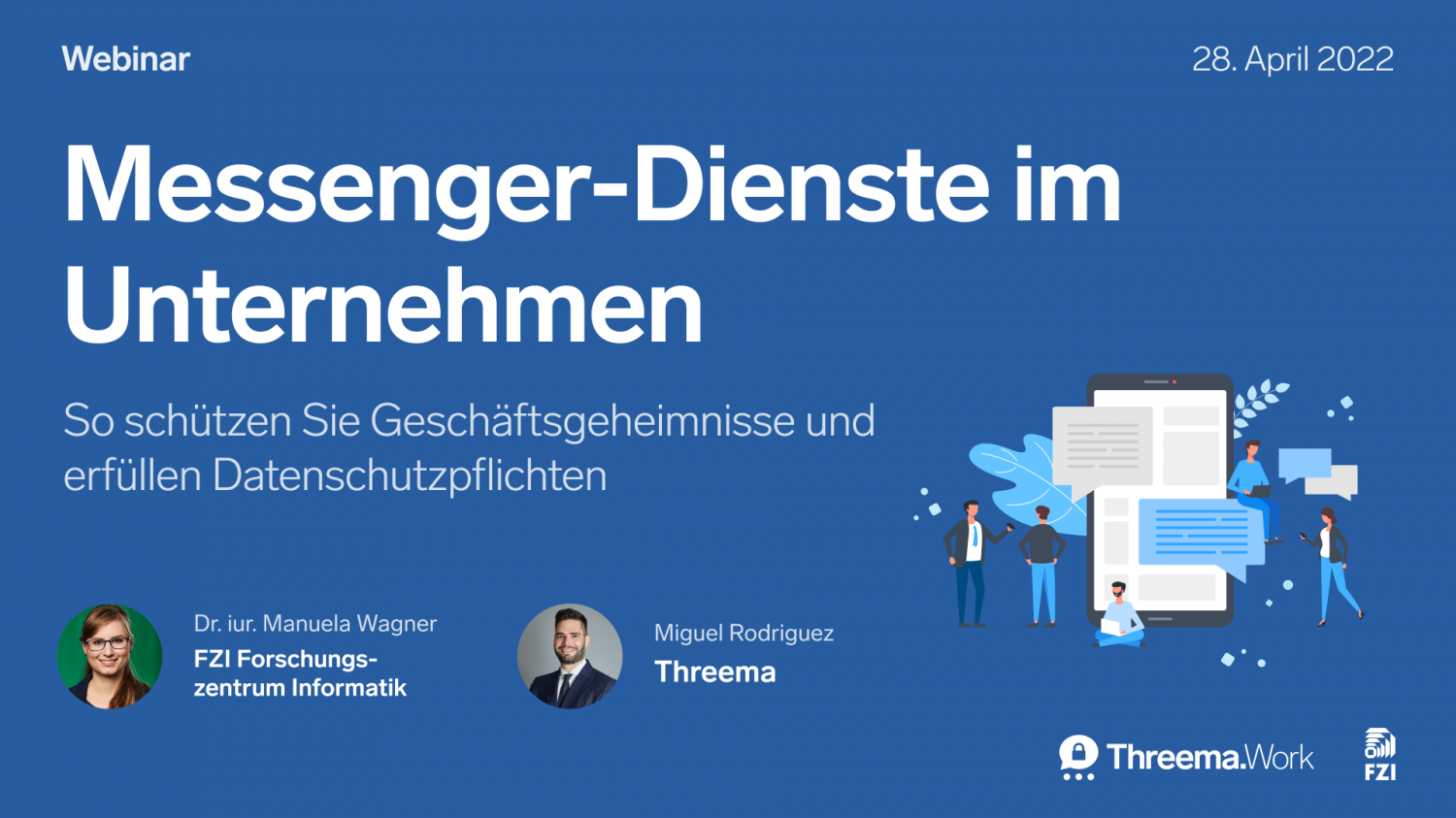 Webinar banner: 'Messenger-Dienste im Unternehmen' title, date, smartphone chat illustration, Threema.Work, FZI logos.